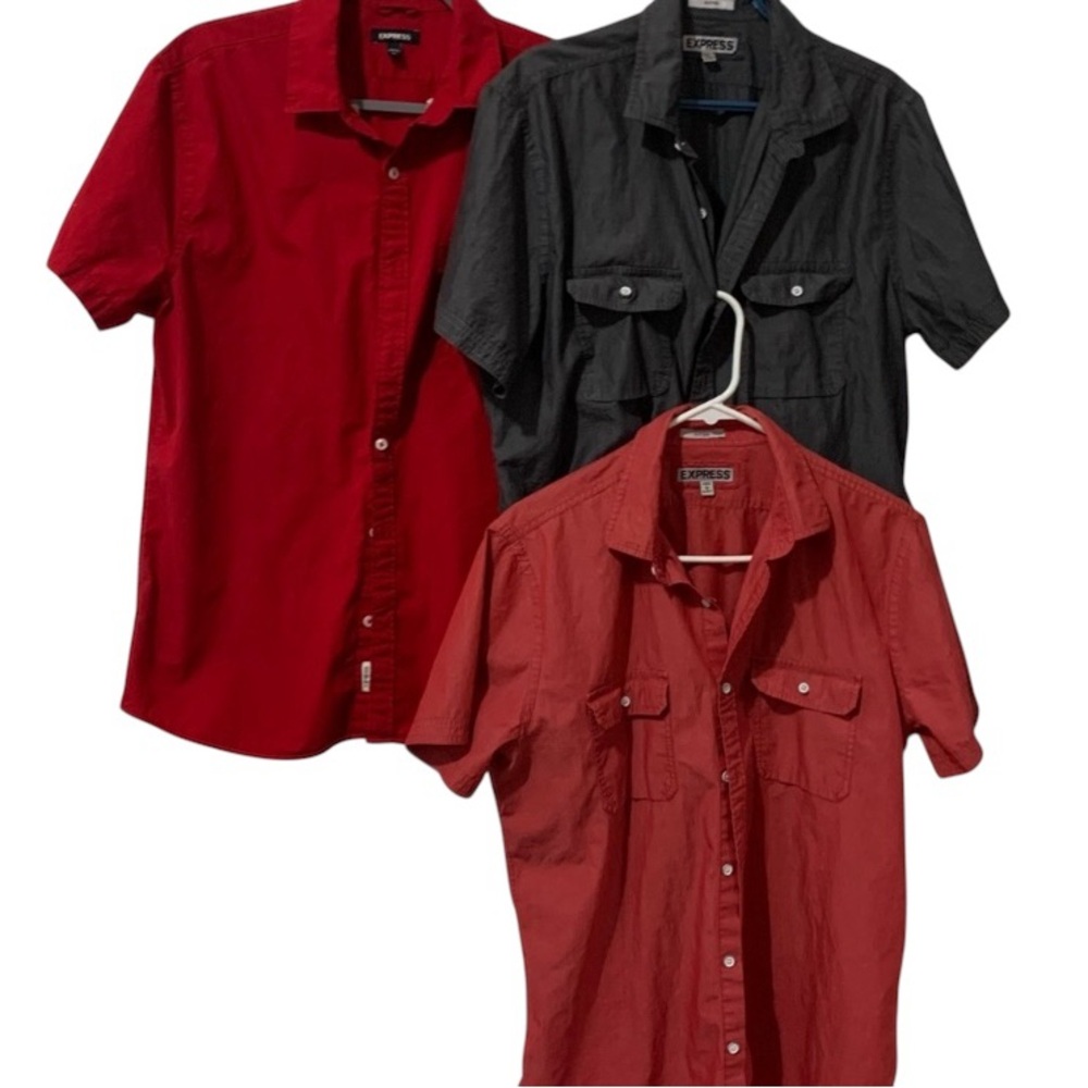 Express Trio . Men's Red, Black, and Coral Button Down Shirts